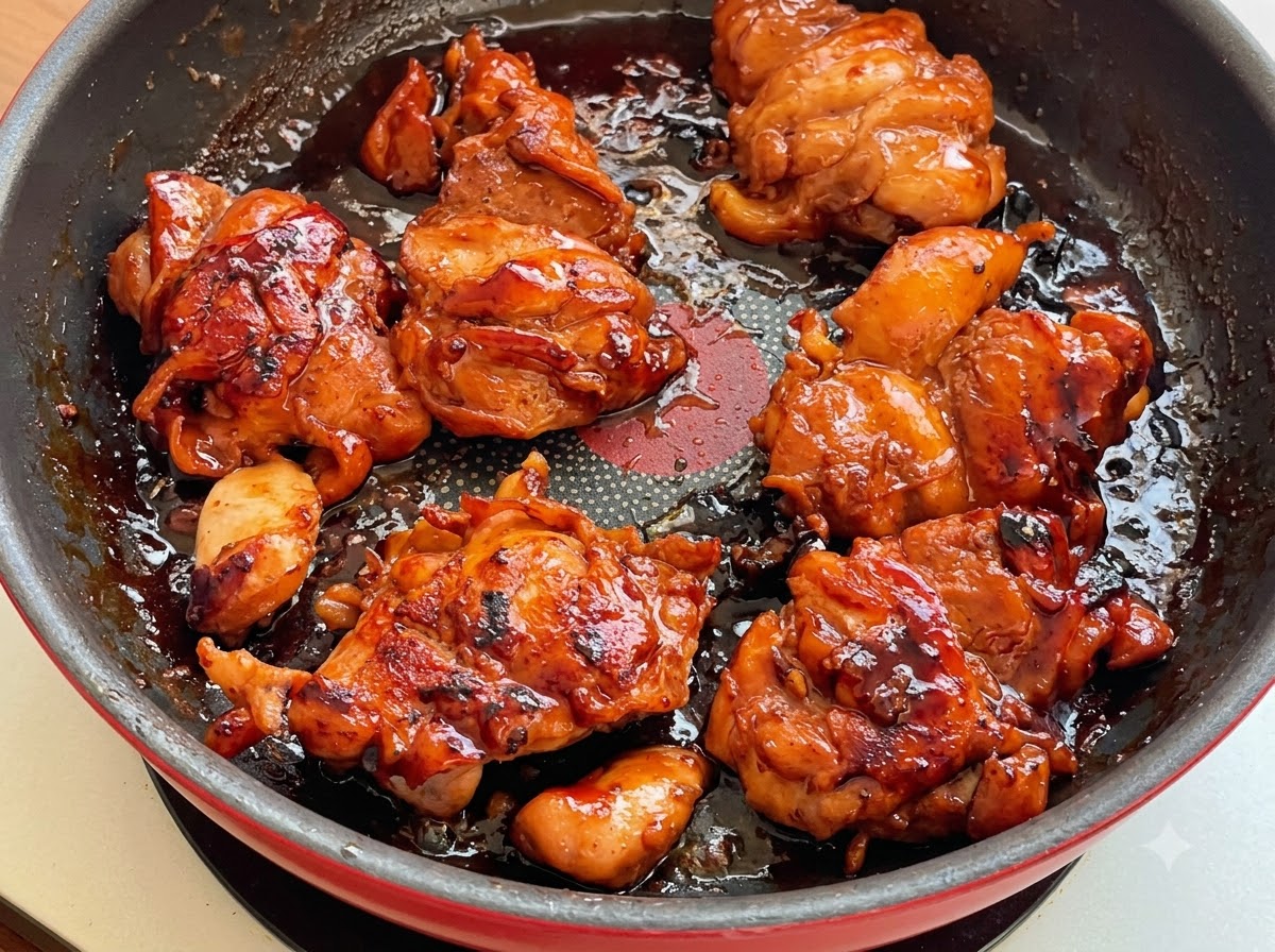 Hauts de cuisse de poulet frémissant dans une sauce teriyaki épaisse et sombre.