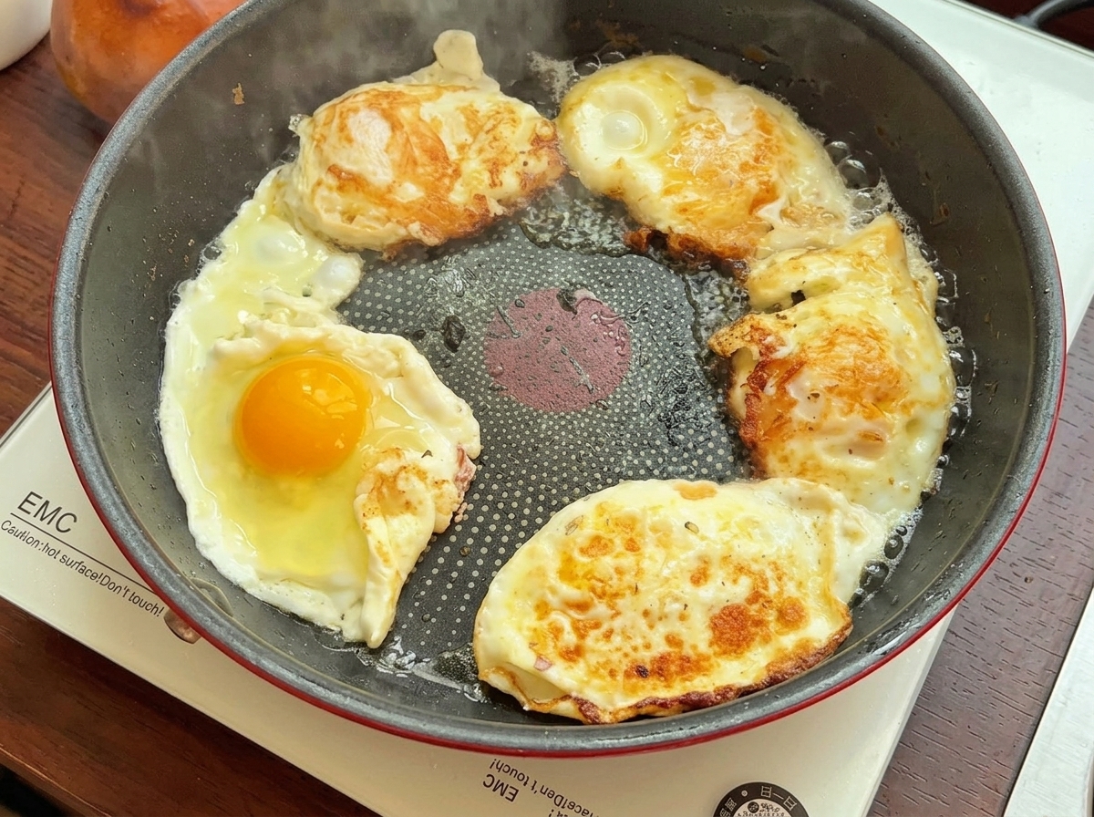 Plusieurs œufs au plat cuisant dans une poêle antiadhésive, avec des blancs bien pris et des jaunes vifs.