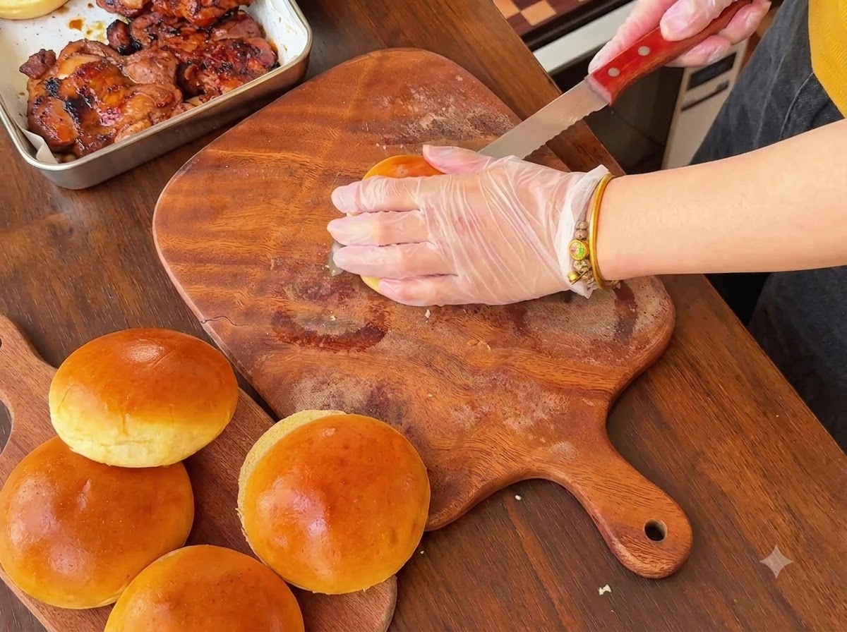 Mains portant des gants transparents coupant un pain à burger bien doré en deux avec un couteau à pain.