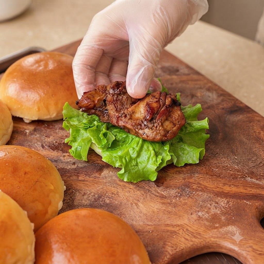 Main gantée déposant un morceau de poulet teriyaki glacé sur un lit de laitue verte dans un pain à burger.