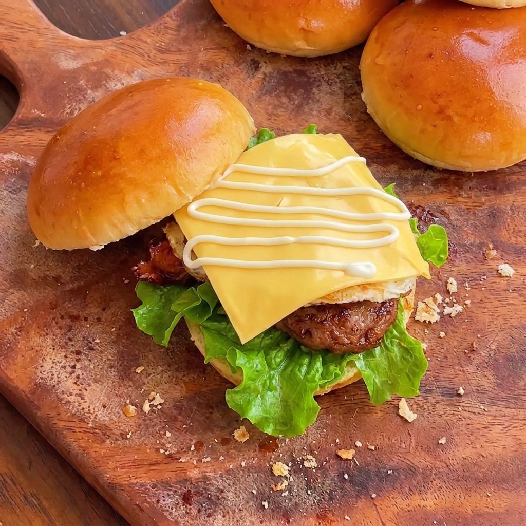 Burger au poulet teriyaki fraîchement assemblé, avec œuf au plat, fromage fondu et des traits de mayonnaise sur le dessus.