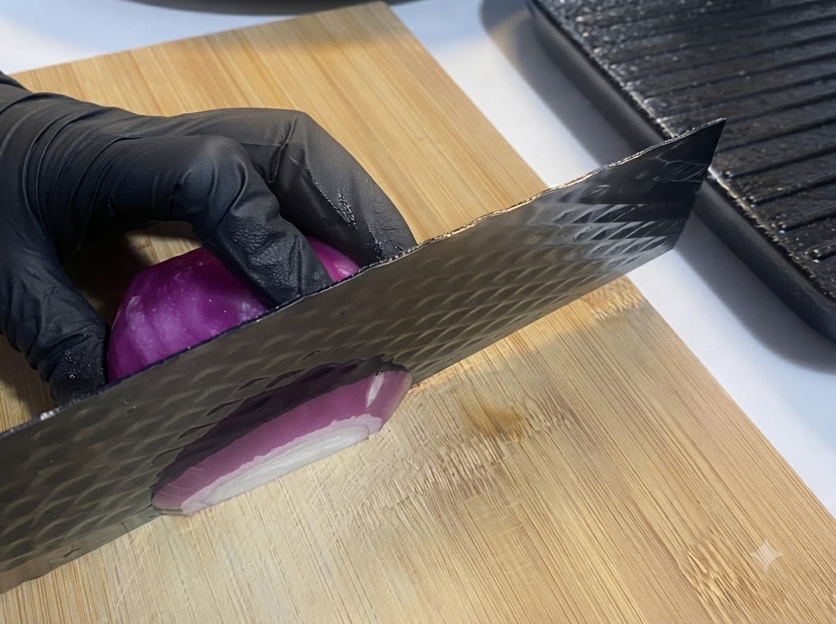 Un couteau de boucher coupant un oignon rouge sur une plancha en bois.