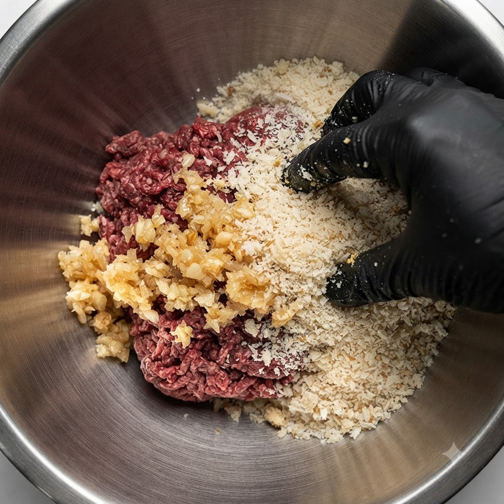 Une main gantée incorporant des assaisonnements dans le bol de préparation de la viande.