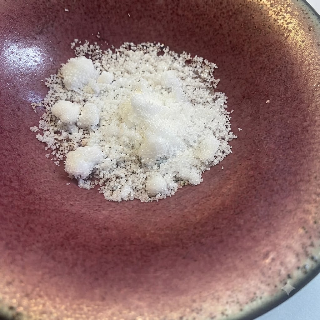 Du sucre blanc placé dans un bol rose, avec du ketchup et de la sauce soja en cours de versement.
