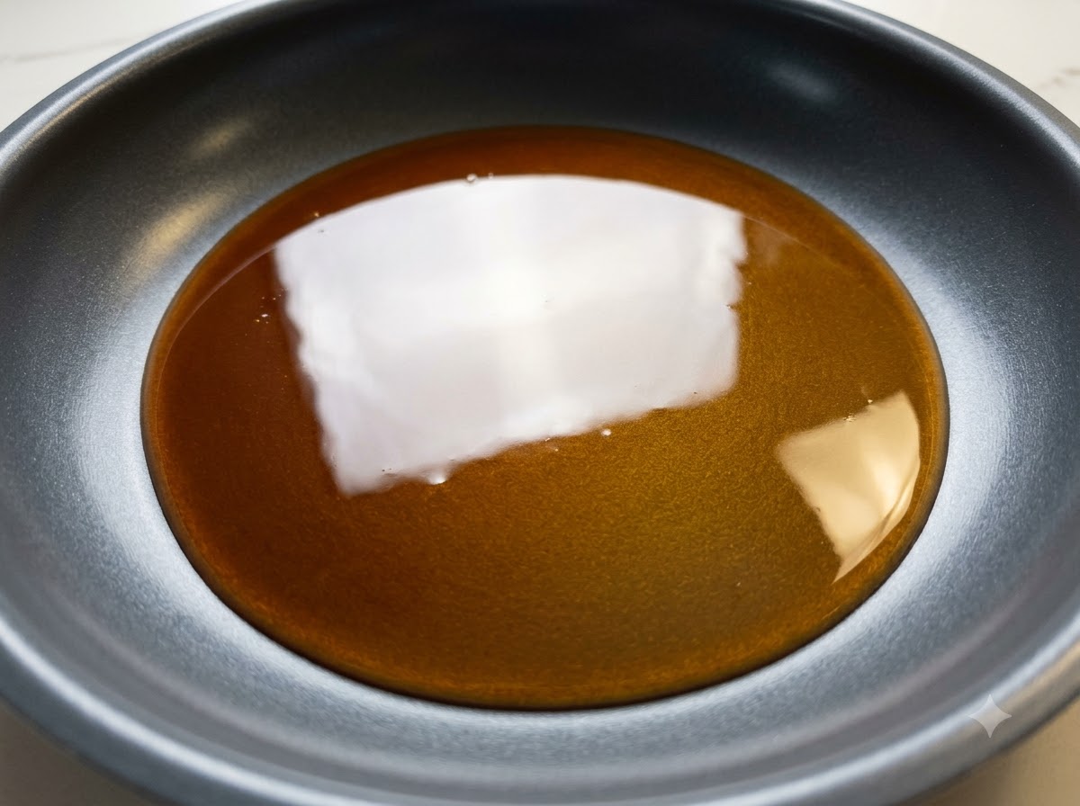 Une sauce teriyaki foncée mijotant et réduisant dans une poêle à feu moyen.