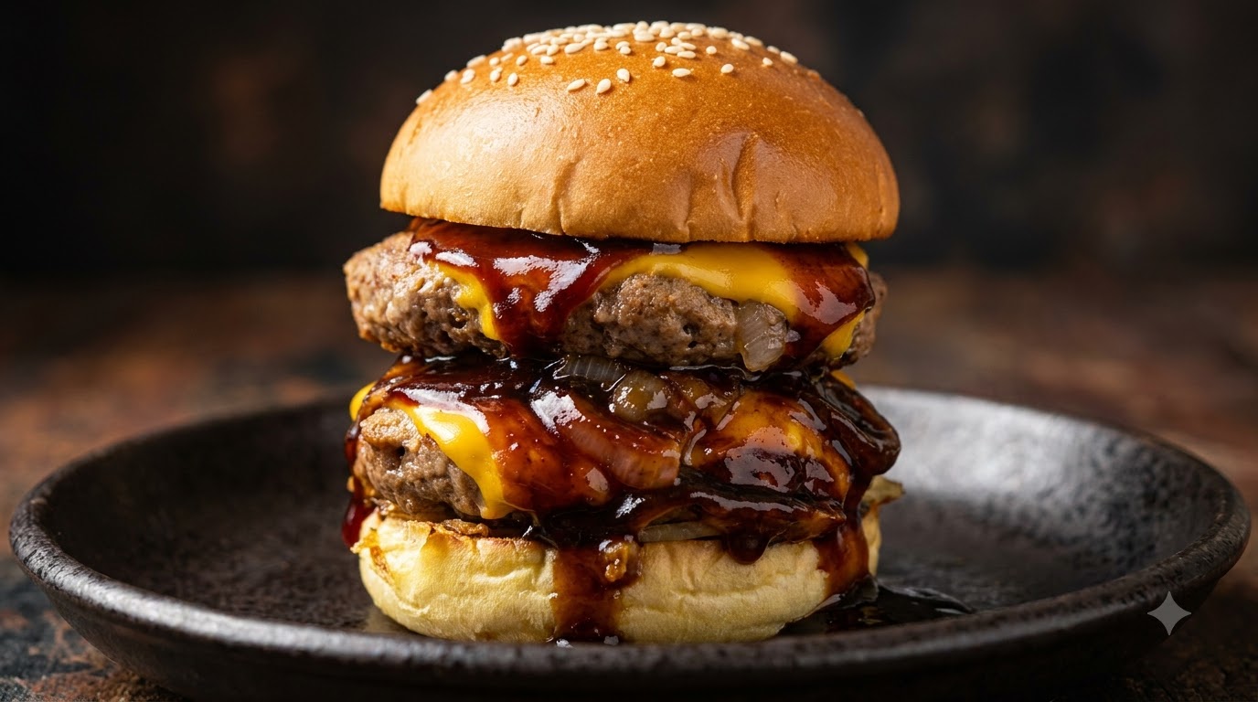Gros plan sur un grand burger de bœuf teriyaki double steak avec du fromage fondu, de la sauce teriyaki qui coule et des pains aux graines de sésame sur une assiette sombre.