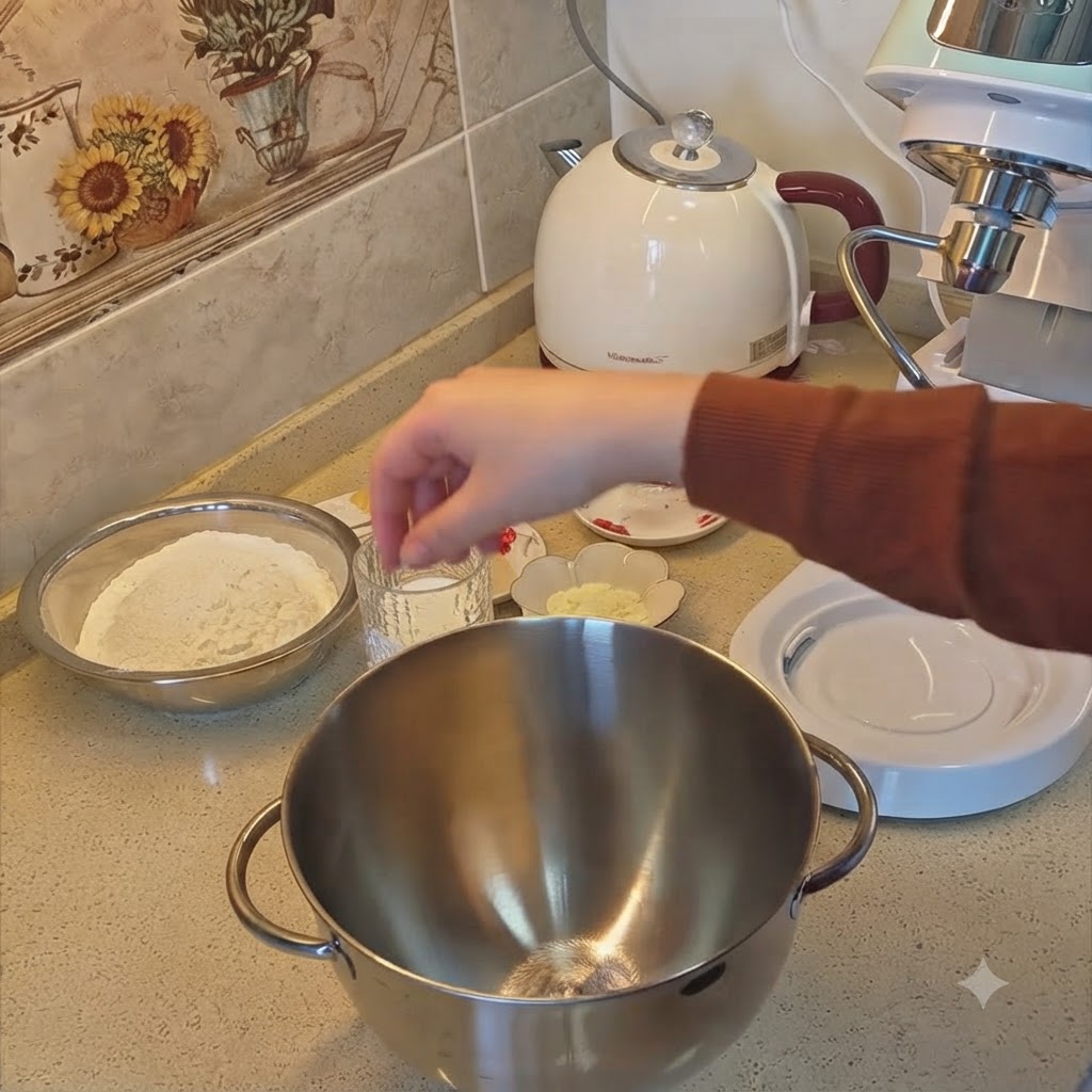Ingrédients de boulangerie secs et lait en cours de mesure et dajout dans le bol dun robot pâtissier en acier inoxydable.