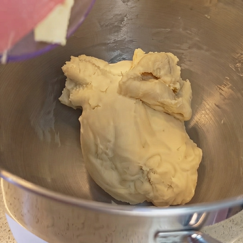 Un morceau de beurre jaune en cours dajout dans la pâte mélangée à lintérieur du bol dun robot pâtissier.