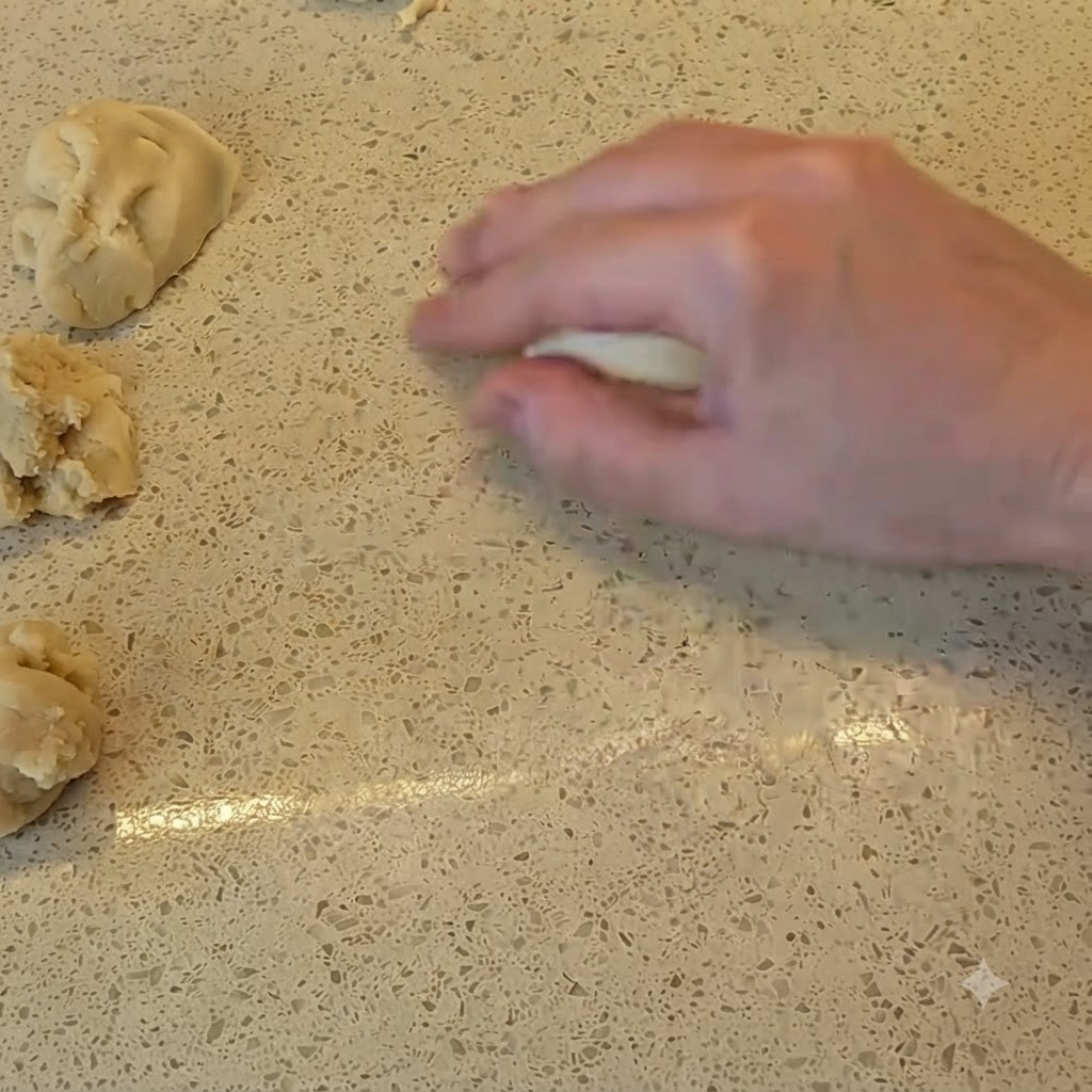 Une main façonnant un petit morceau de pâte en une boule lisse sur un plan de travail moucheté avec dautres portions de pâte à proximité.