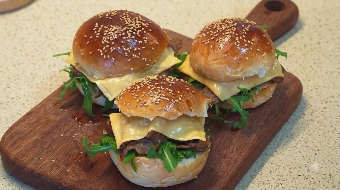 Burgers Maison au Bœuf Teriyaki, Cheddar et Roquette