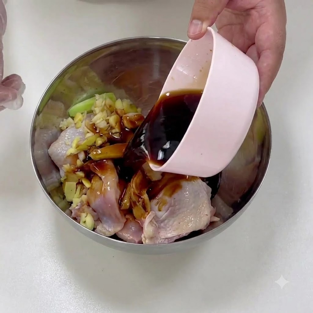Mélange de sauce teriyaki foncée versé dun bol dans le bol de poulet.