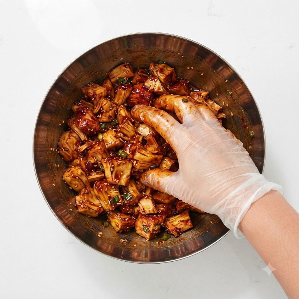 Main gantée mélangeant le poulet et les ingrédients de la marinade dans un bol.