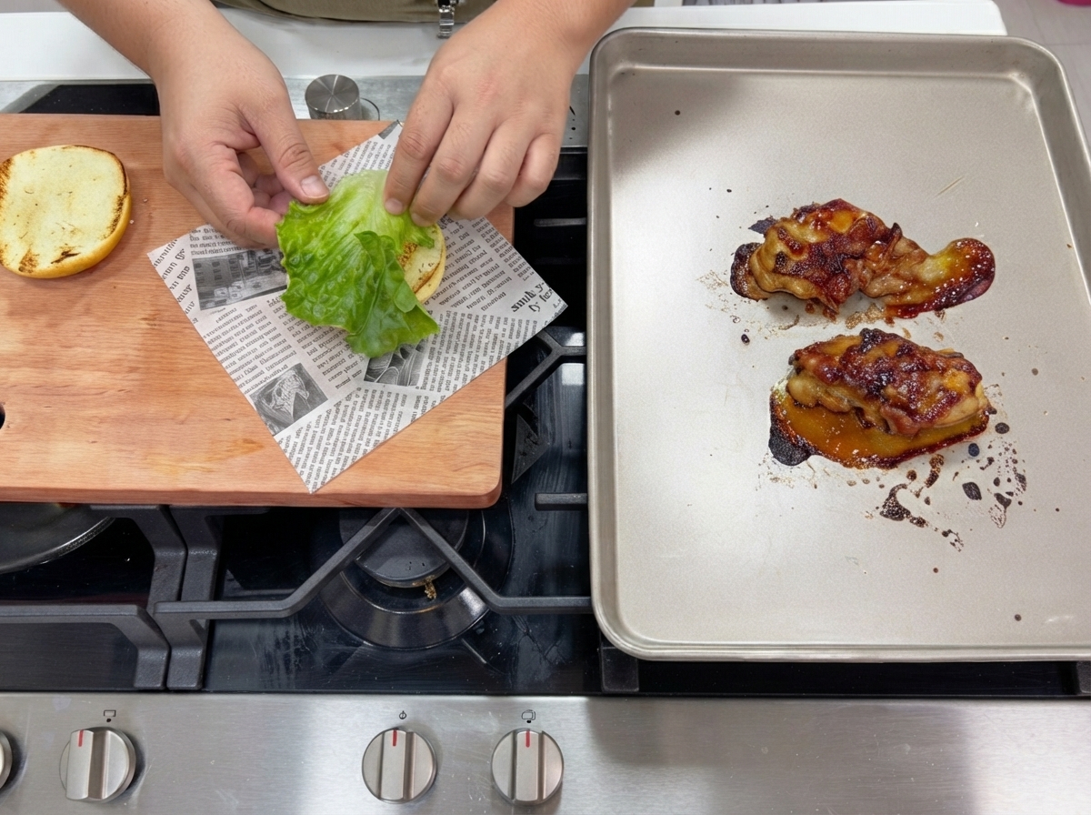 Sauce teriyaki badigeonnée sur des hauts de cuisse saisis disposés sur une plaque de cuisson.
