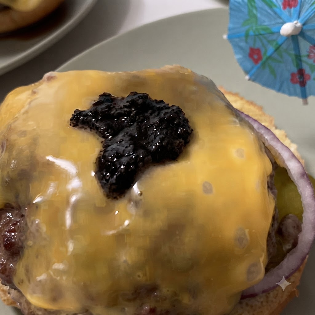 Une cuillère de pâté de truffe noire foncée déposée sur la couche de fromage jaune fondu dun burger.