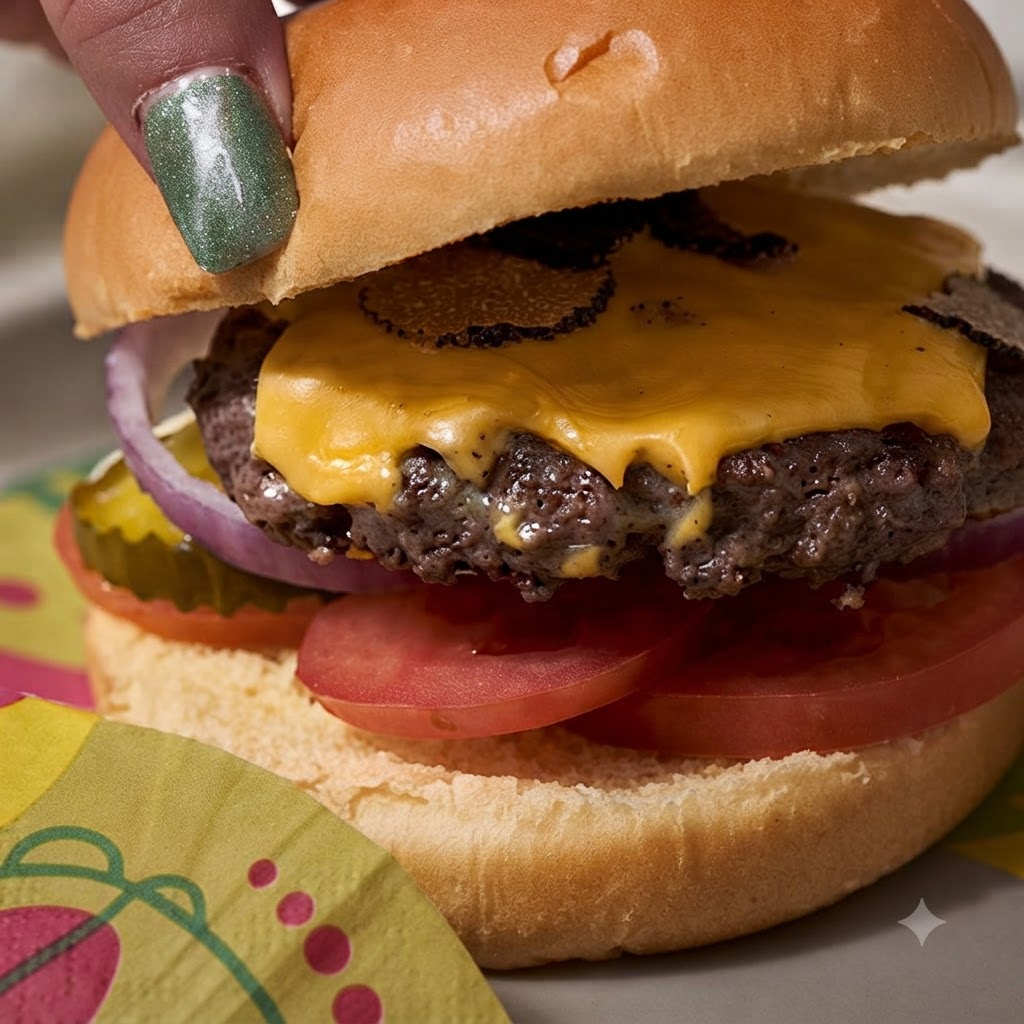 Le pain supérieur placé par-dessus le fromage fondu et le steak de bœuf pour assembler le burger.
