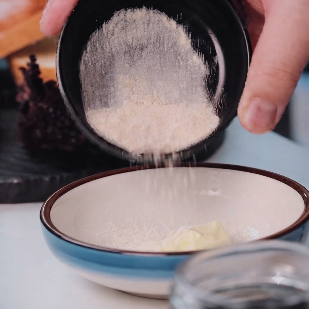 De la poudre dail versée dun petit bol noir dans un bol en céramique contenant de la mayonnaise.