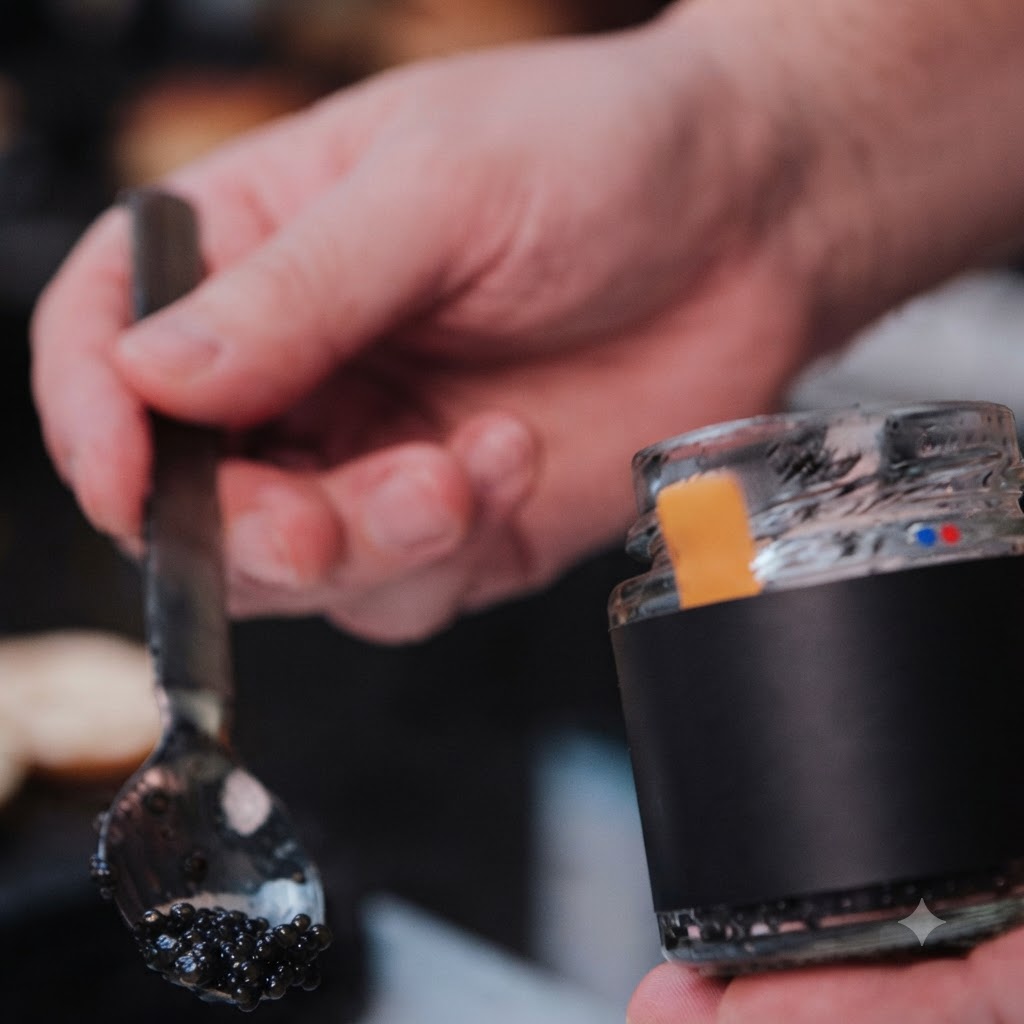 Une cuillère de sauce à la truffe noire tenue au-dessus dun pot et dun bol.