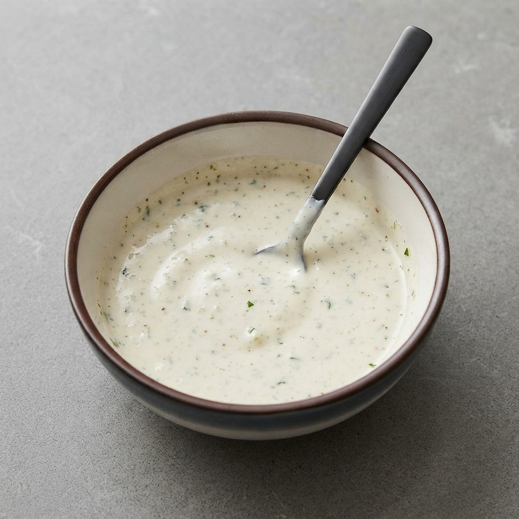 Un bol en céramique contenant une sauce blanche crémeuse parsemée dherbes et dépices, en cours de mélange avec une cuillère.