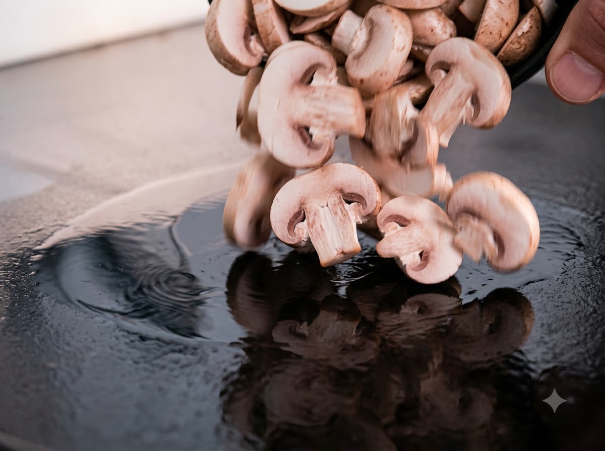 Des champignons émincés tombant dun bol sur une plaque de cuisson plate chaude et huilée.