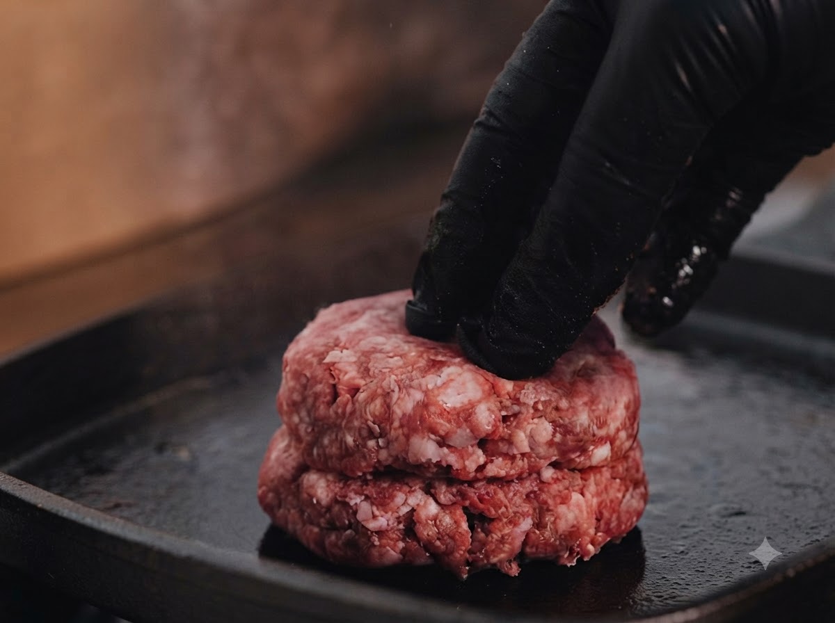 Une main gantée ajustant des steaks de bœuf crus sur une surface de grill plat chaud.