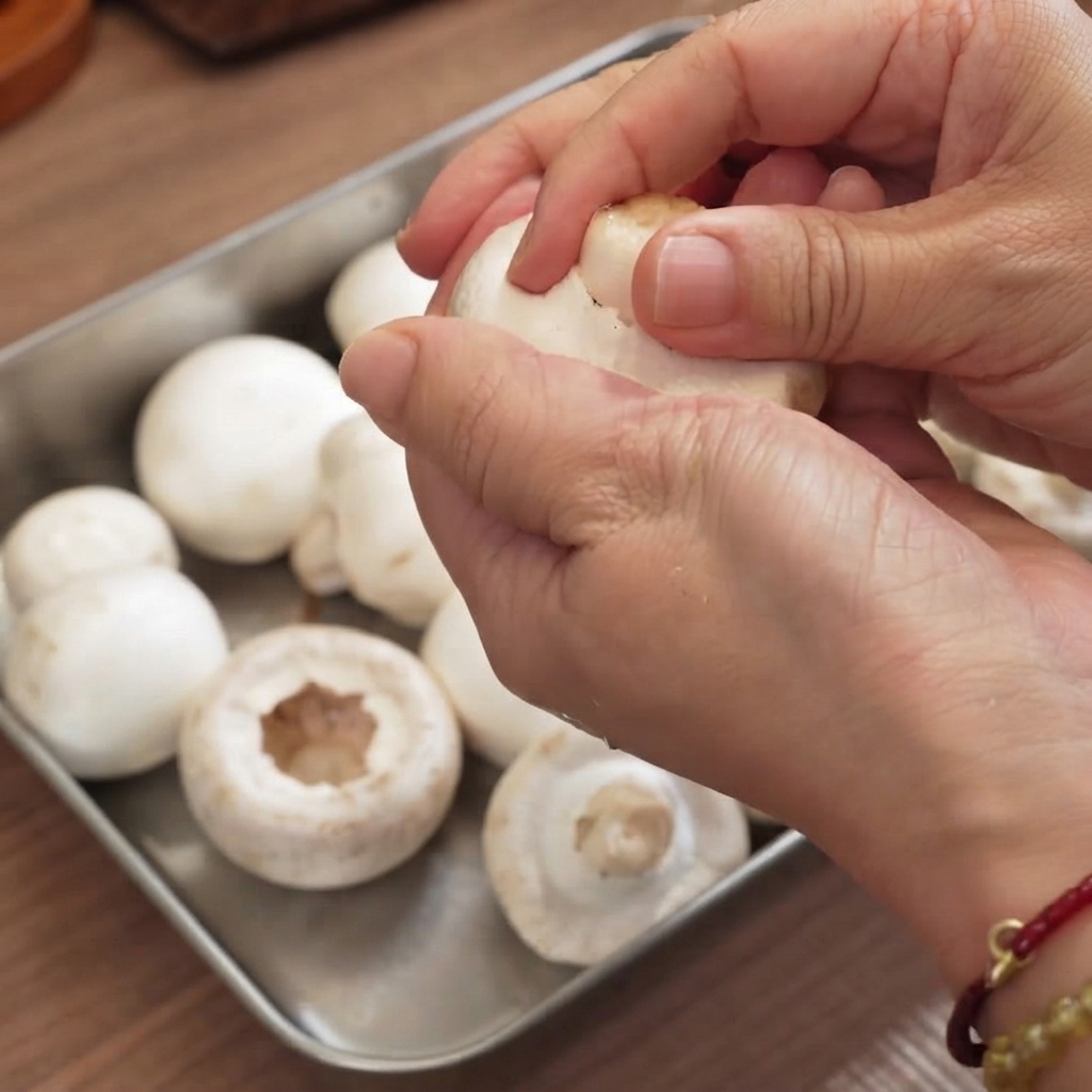 Gros plan sur des mains retirant le pied dun champignon de Paris frais sur un plateau métallique.