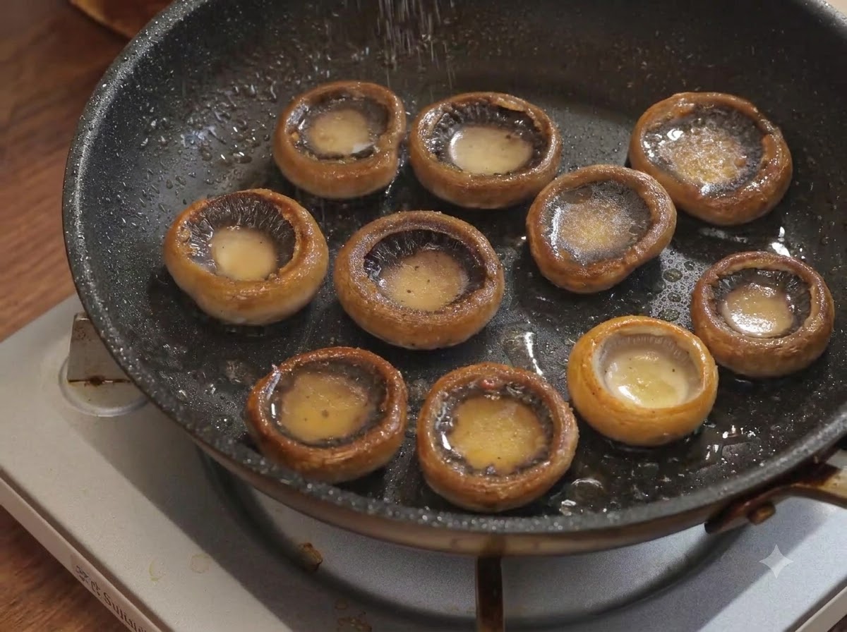 Vue de dessus de plusieurs champignons cuisant dans une poêle pendant quon les assaisonne.