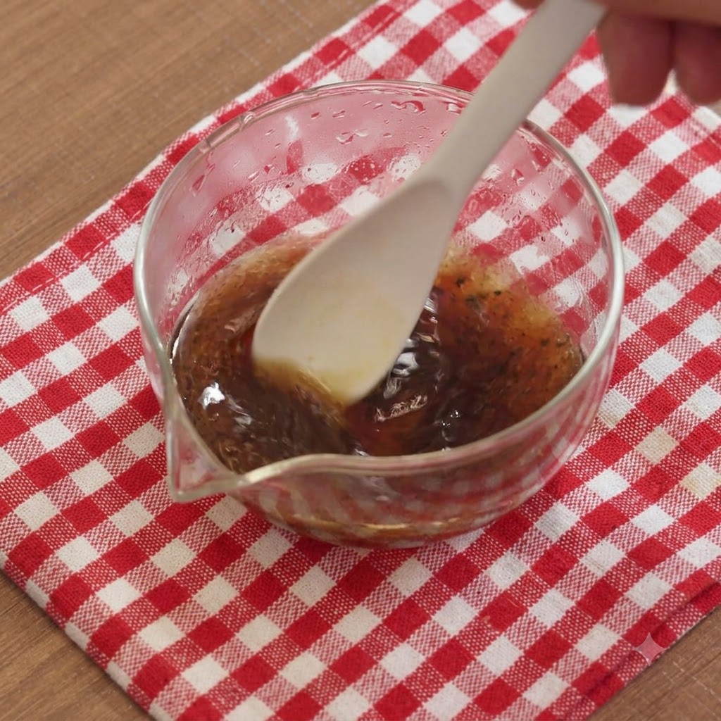 Une cuillère remuant de la sauce soja claire et de la sauce à la truffe noire dans un bol de jus de champignon sur un torchon à carreaux rouges.