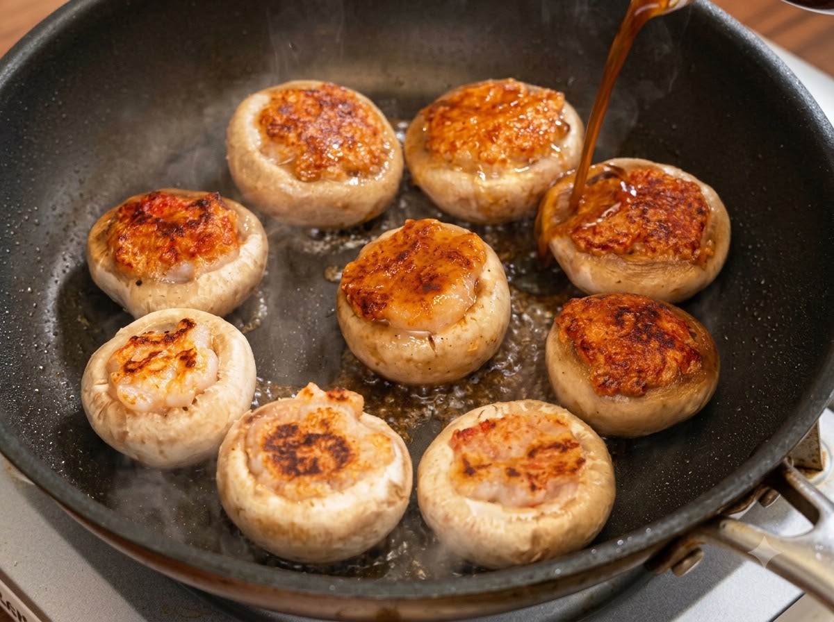 Un filet de jus foncé assaisonné versé dun bol dans une poêle contenant des champignons farcis dorés.