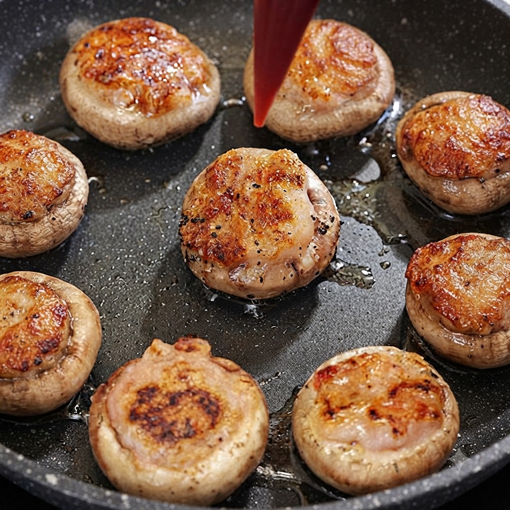 Flacon souple distribuant du ketchup rouge sur des champignons poêlés dorés dans une poêle sombre.