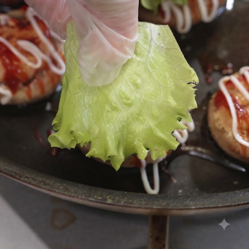Main gantée tenant une feuille de laitue verte fraîche au-dessus dun champignon garni de sauces.