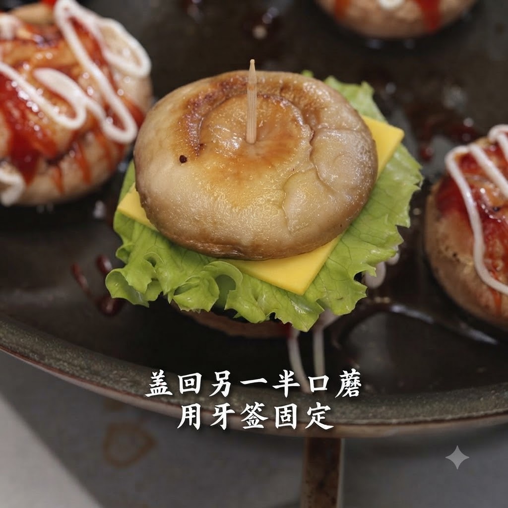 Un mini burger de champignon farci assemblé, traversé verticalement par un cure-dent au centre.