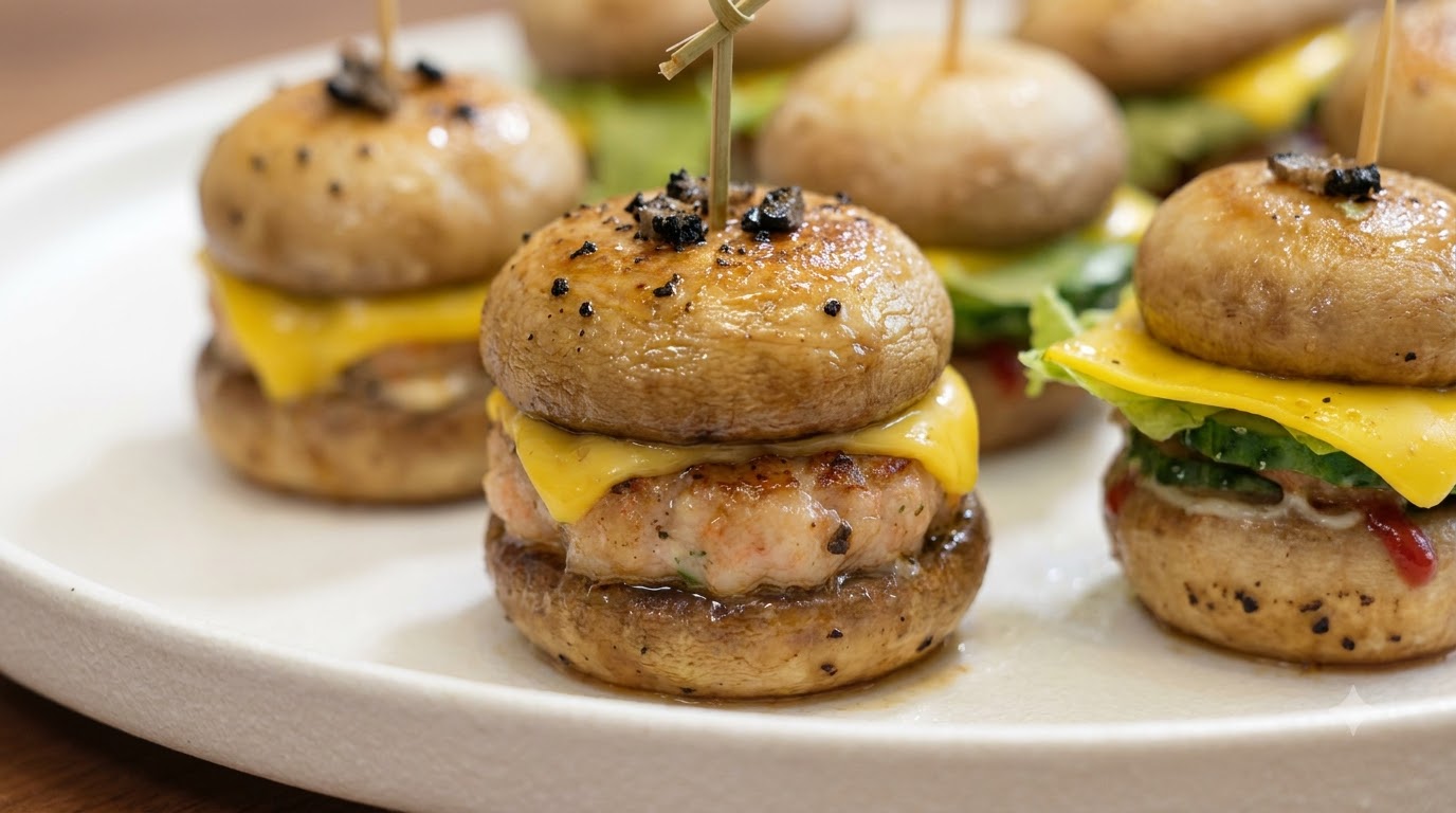 Mini Burgers de Champignons et Pâte de Crevettes à la Truffe Noire