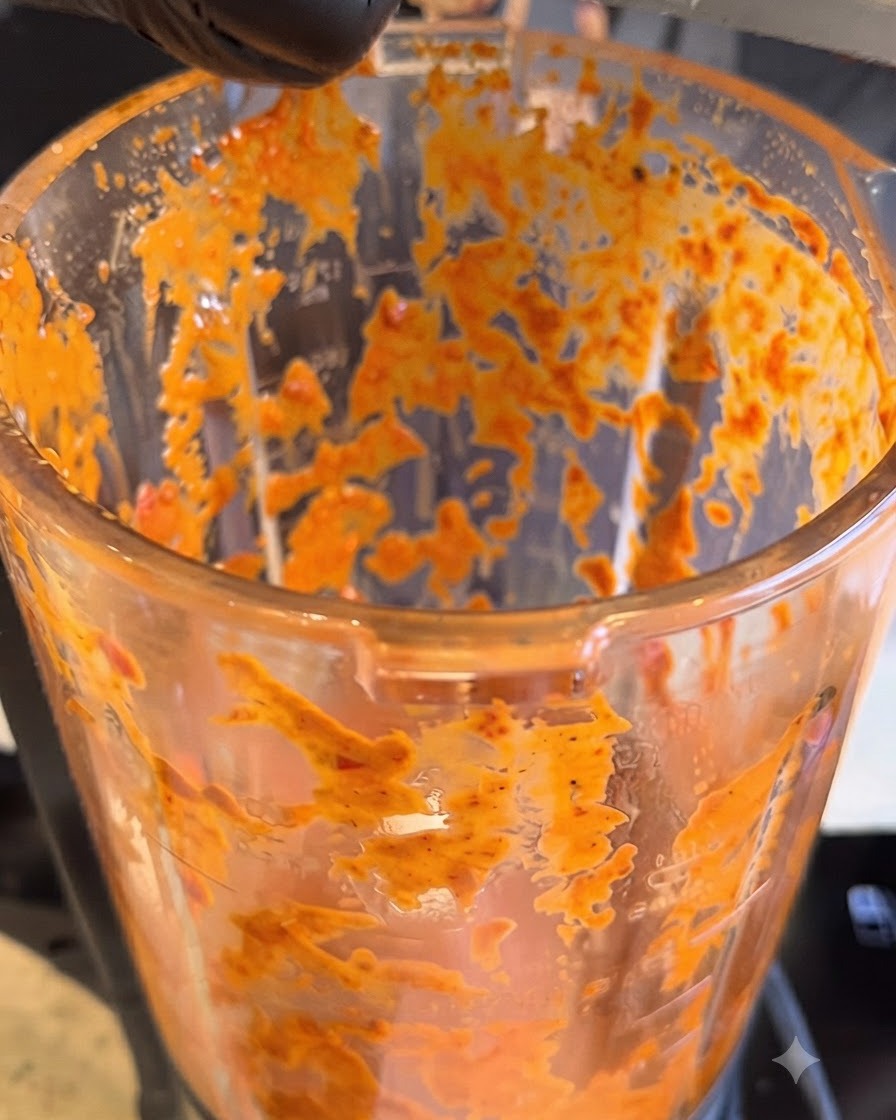 Tranches de beurre ajoutées dans le bol du mixeur contenant la sauce rouge mixée.