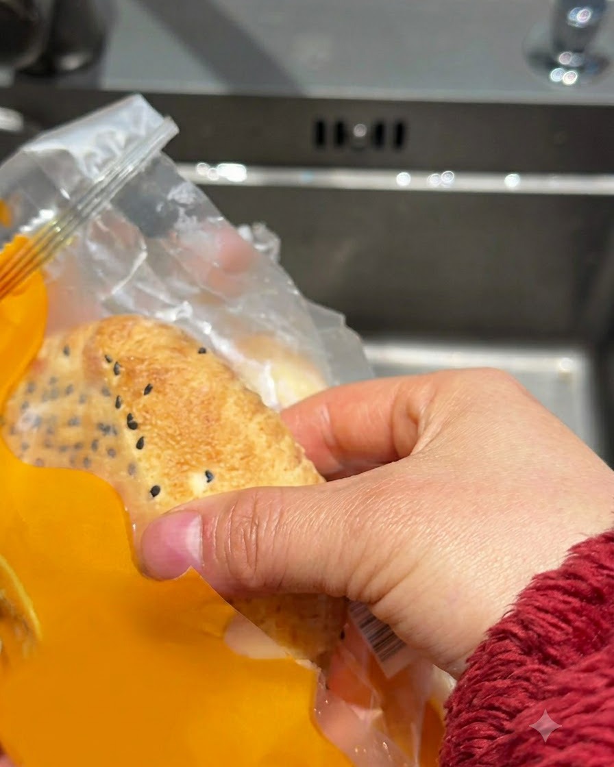 Pains à burger surgelés rincés brièvement sous leau du robinet dans un évier de cuisine.