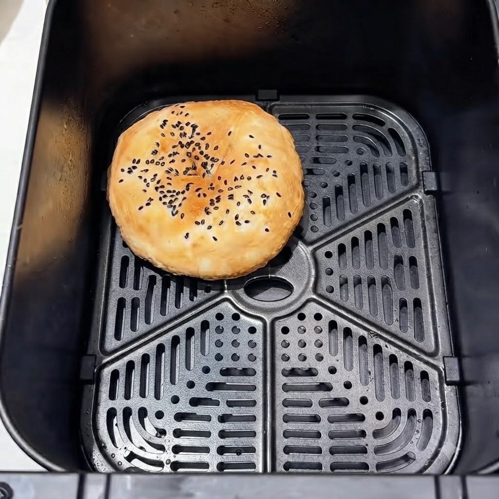 Un seul pain à burger reposant à lintérieur du panier noir dune friteuse à air.