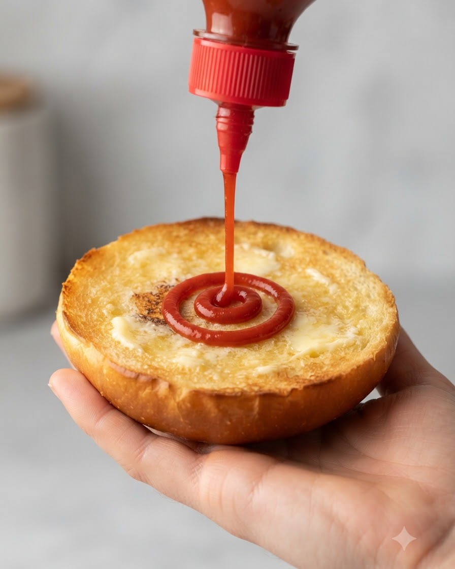 Une bouteille souple en plastique rouge distribuant une spirale de ketchup rouge vif sur la surface toastée et beurrée dun pain à burger tenu dans une main.