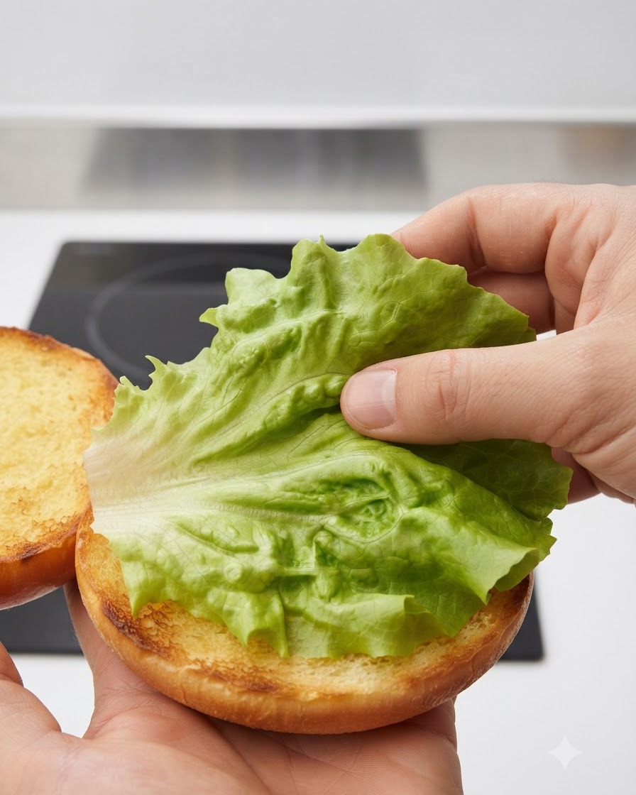 Une main plaçant une feuille de laitue fraîche, verte et frisée sur la moitié inférieure préparée dun pain à burger toasté.