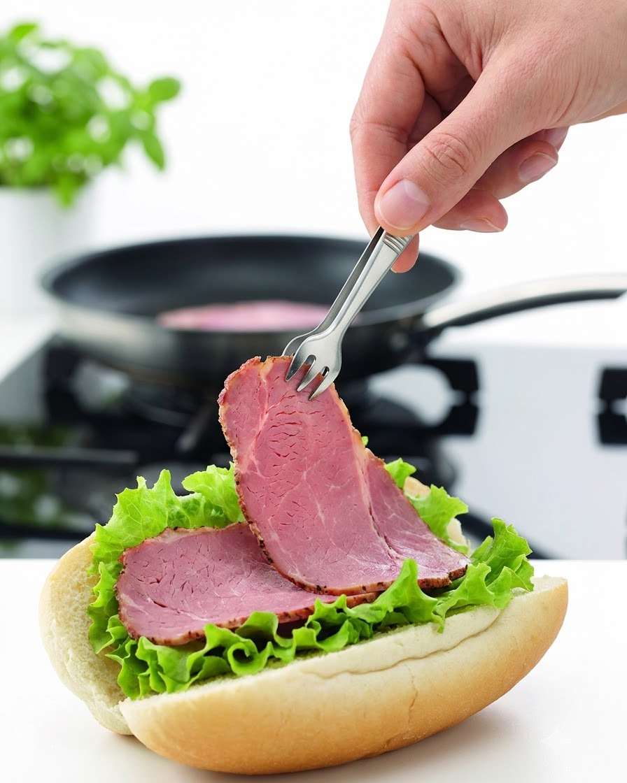 Une main utilisant des pinces pour placer des tranches de bœuf saisies sur un pain à burger garni de laitue.