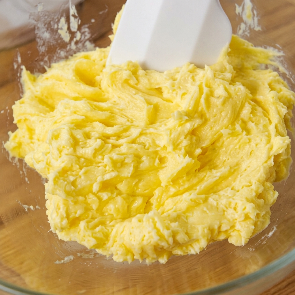Un bol en verre rempli de beurre jaune ramolli en cours de mélange à laide dun ustensile.