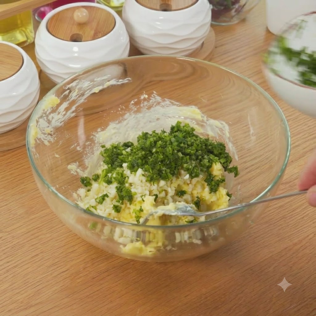 Du sel ajouté dans le bol contenant le beurre, lail et le persil.