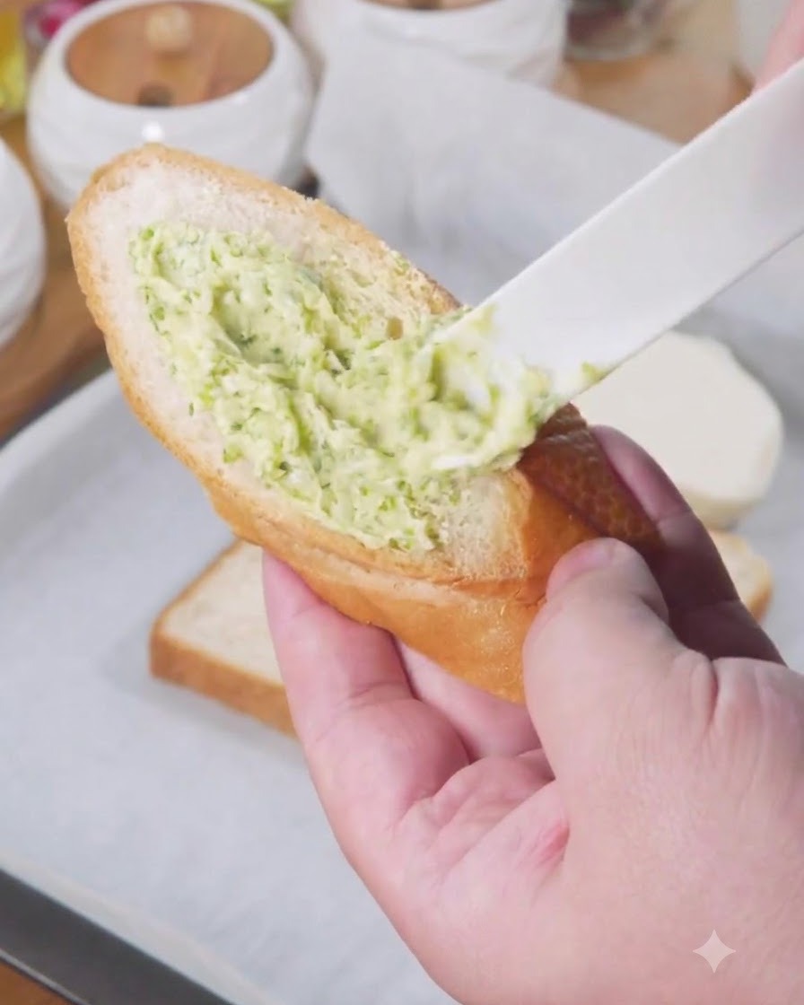 Une spatule en plastique appliquant la sauce verte au beurre dail sur une tranche de pain.