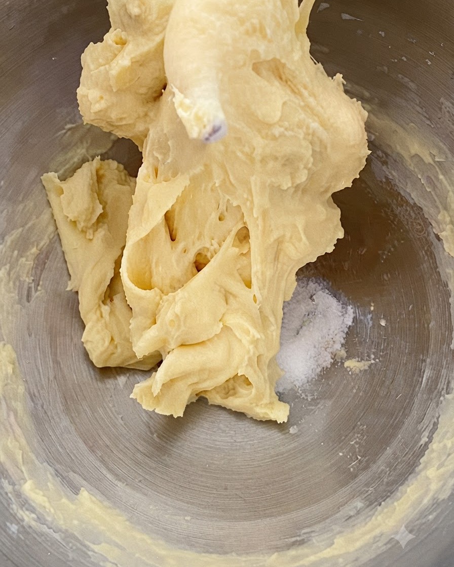 Beurre et sel ajoutés dans le bol contenant la pâte à brioche mélangée.
