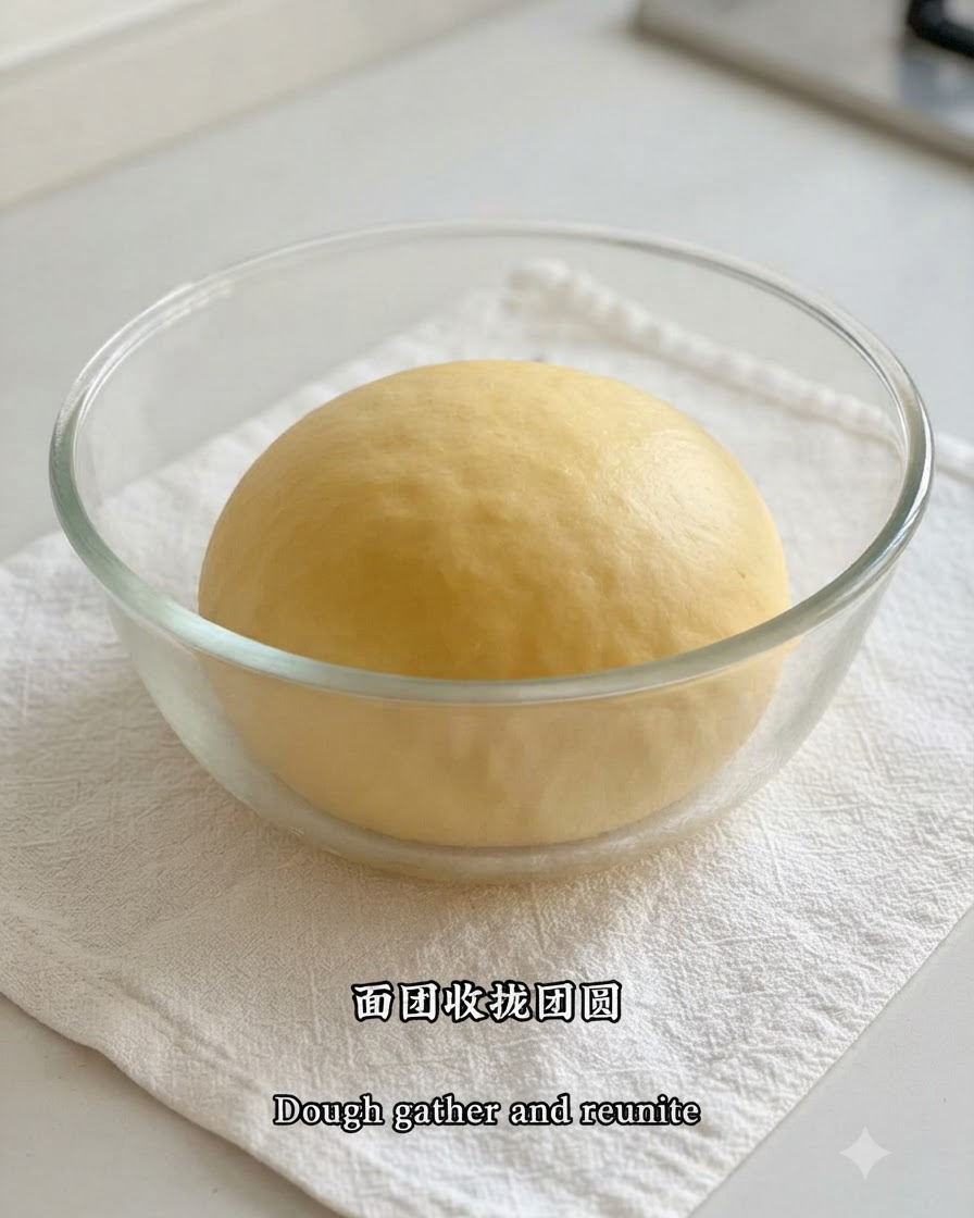 Boule de pâte à brioche lisse et arrondie reposant à lintérieur dun bol en verre transparent sur un linge blanc.