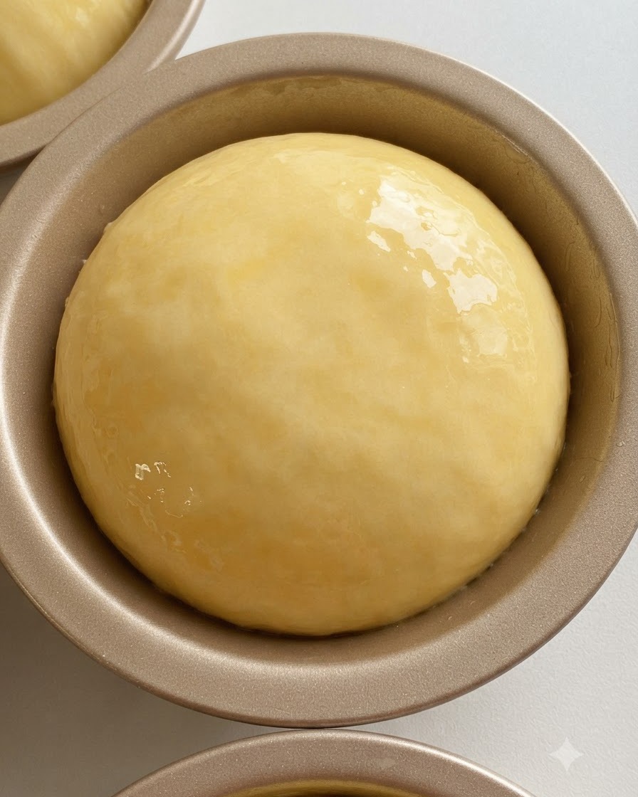 Boule de pâte lisse et arrondie placée à lintérieur dun moule à burger rond en métal graissé.