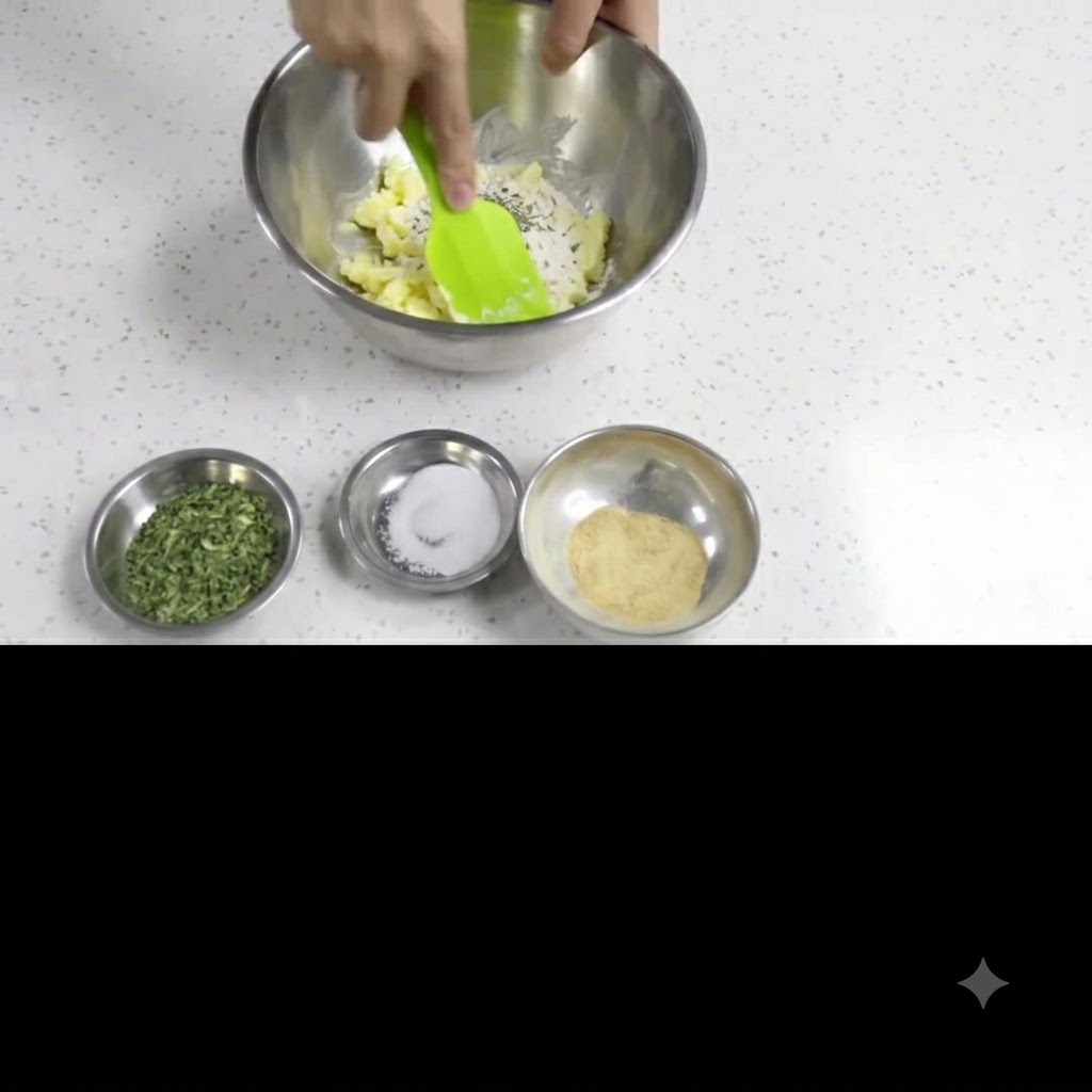 Une main utilisant une spatule en silicone verte pour remuer et écraser du beurre ramolli à lintérieur dun bol mélangeur en métal.