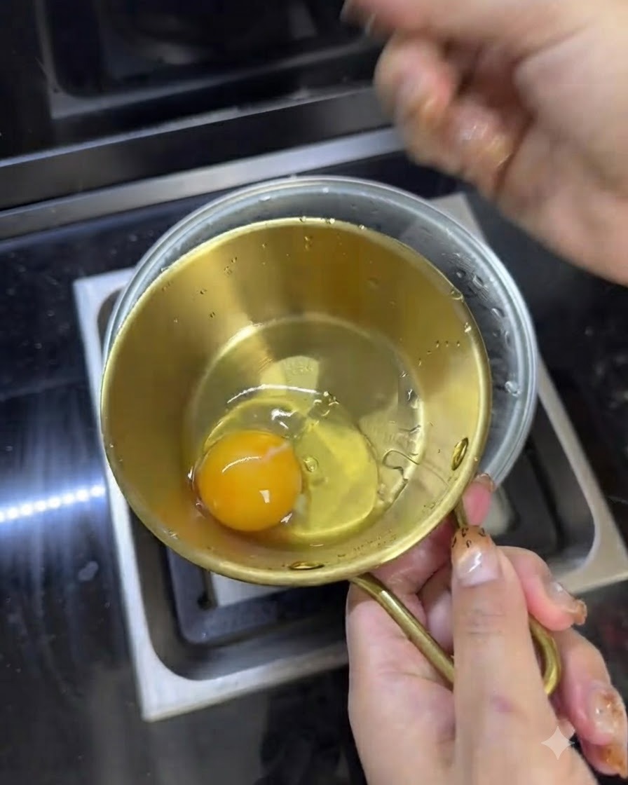 Deux œufs cassés dans un petit bol doré avec un filet dhuile pimentée rouge.