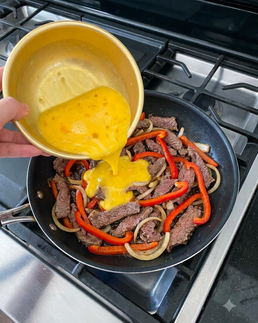 Des œufs battus versés dun bol doré dans une poêle remplie de lamelles de bœuf, doignons et de poivrons rouges.
