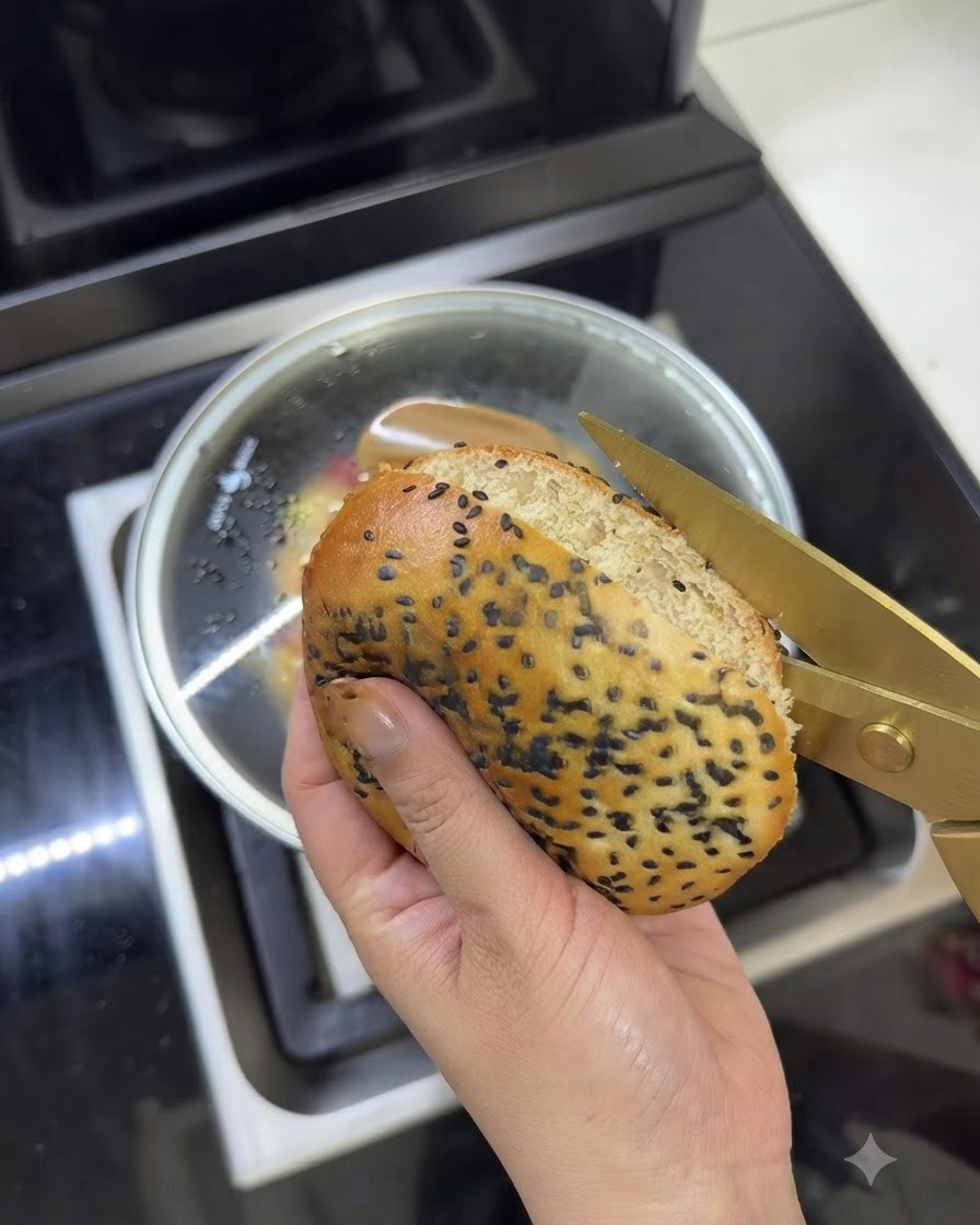 Un pain à burger au beurre chaud soigneusement coupé en deux avec des ciseaux de cuisine dorés.