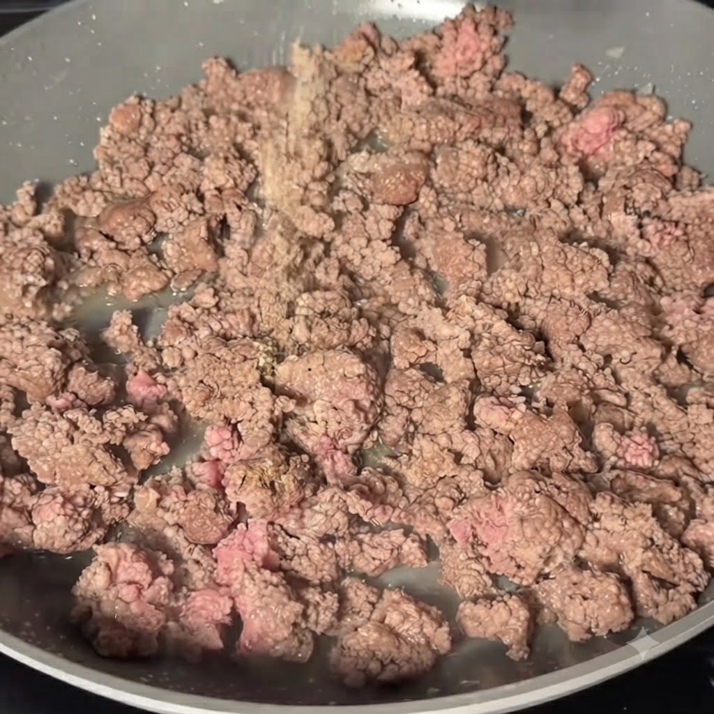Des épices et de la poudre dassaisonnement saupoudrées sur du bœuf haché brun dans une poêle.