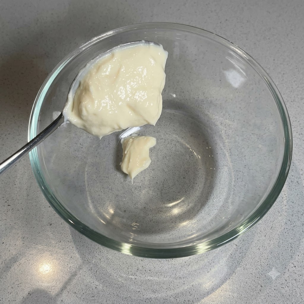 Une cuillerée de mayonnaise crémeuse blanche ou de yaourt grec ajoutée dans un bol en verre vide.